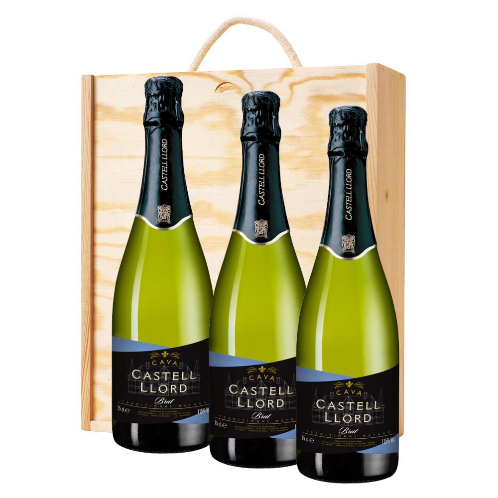 3 x Castell Llord Brut Cava 75cl In A Pine Wooden Gift Box
